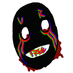 a drawing of a black mask with hollow eyes and a white smile, with lines resembling tear trails coming down from the eyes to the chin, the letters U and R over each eye, and the word FREE over the smile, the tears and writing are in rgb red, green and blue. Visible through the eye holes and around the lower half of the mask is a vague pool of blood that matches where the drawn tear trails end, as if the mask had cried that blood.