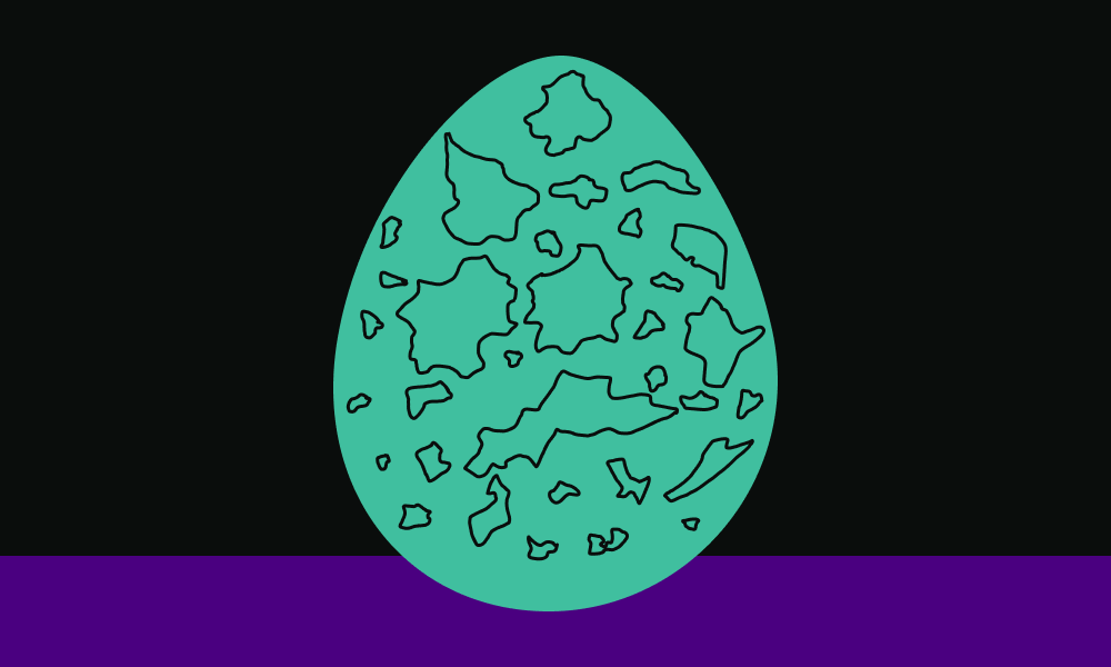 a fictional flag composed of a mostly black background with a stripe of purple at the bottom, a teal egg in the center with black outlines inside it that vaguely resemble a map